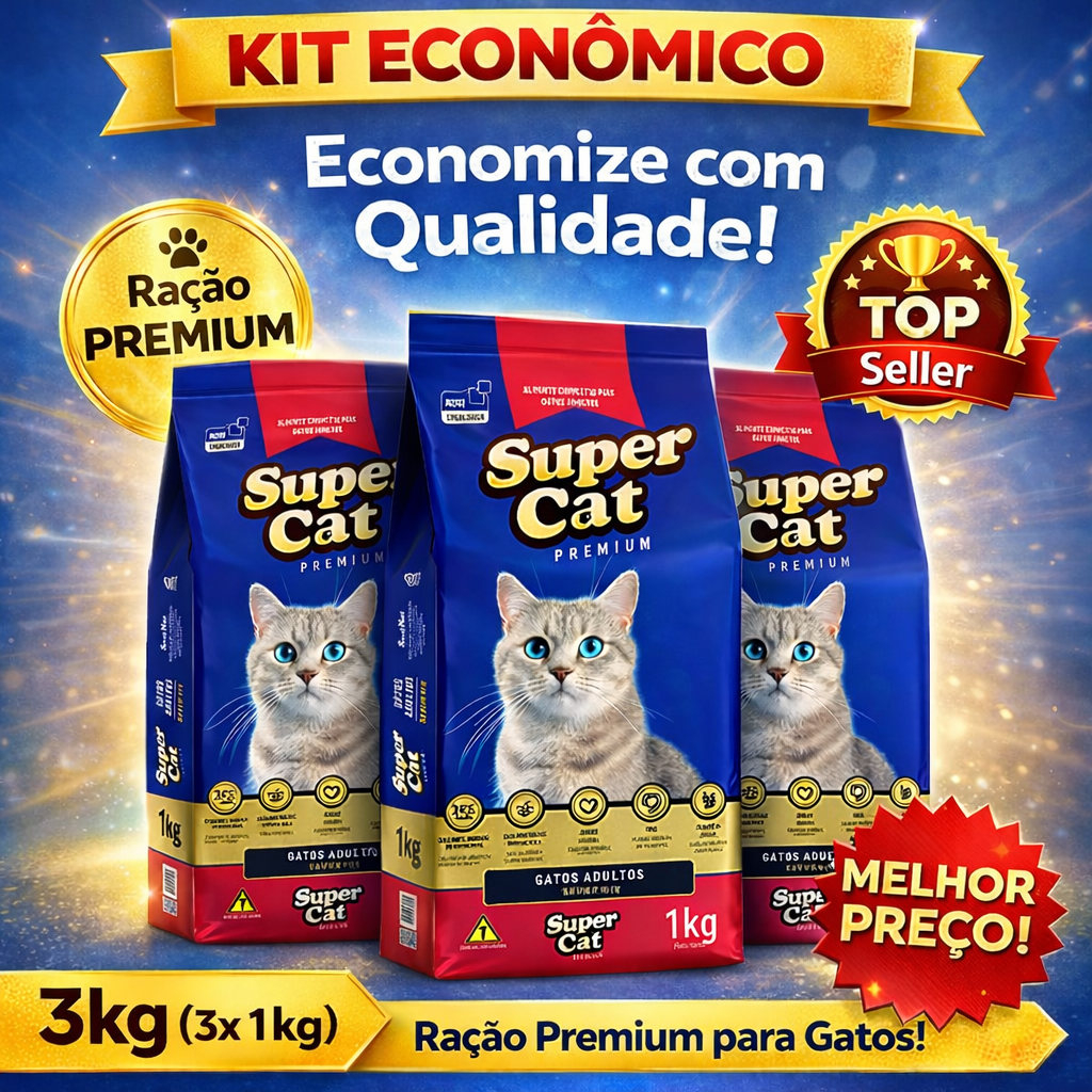 RAÇÃO Kit 3 Super Cat – 3×1 kg | Sabor Carne e Peixe Contém Taurina e Prebióticos em Oferta na Shopee