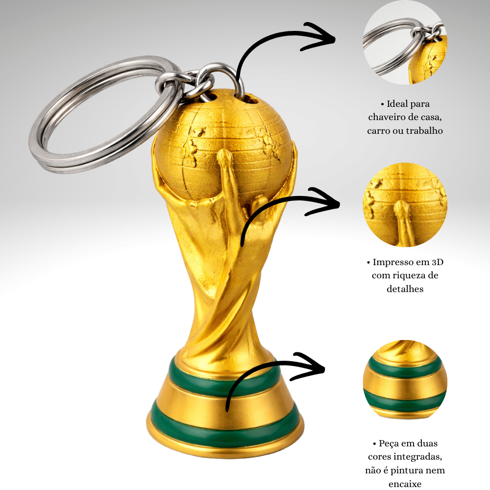 Kit Chaveiro Troféu Estilo Futebol 3D – Mini Estátua Decorativa Dourada copa do mundo 2026
