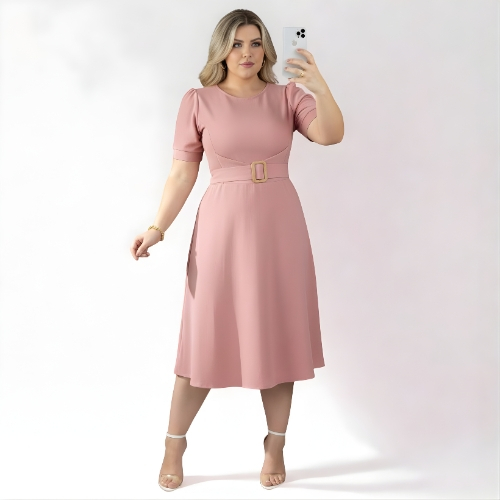 Vestido Godê  Moda Plus Size Rodado Social Festa Formatura Barato com Fivela no Cinto
