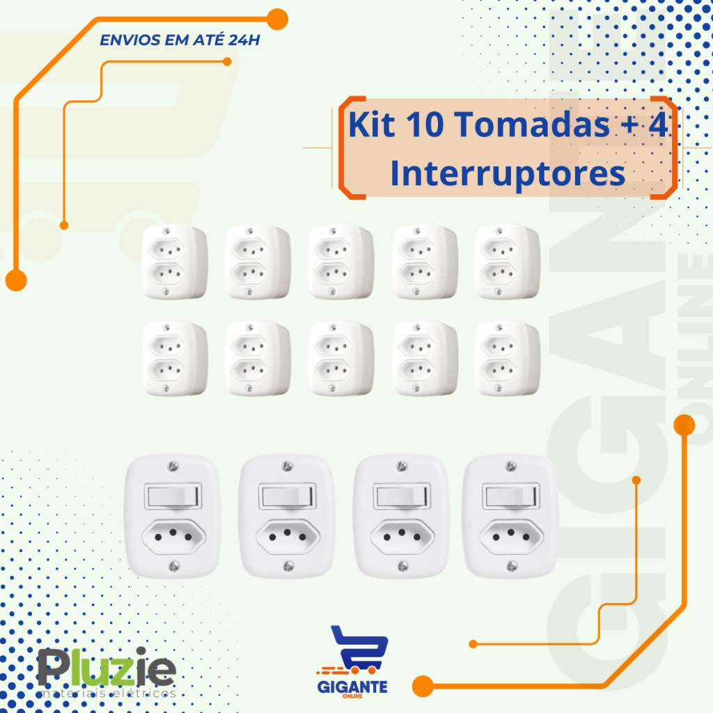 Kit 14 Sobrepor 10 Tomada Dupla 2P+T 20a + 4 Tom c/ Interruptor