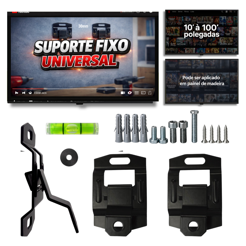 Suporte de TV Universal 10 a 100 Polegadas Fixo Reforçado Suporta até 100kg Acompanha Nível de Bolha