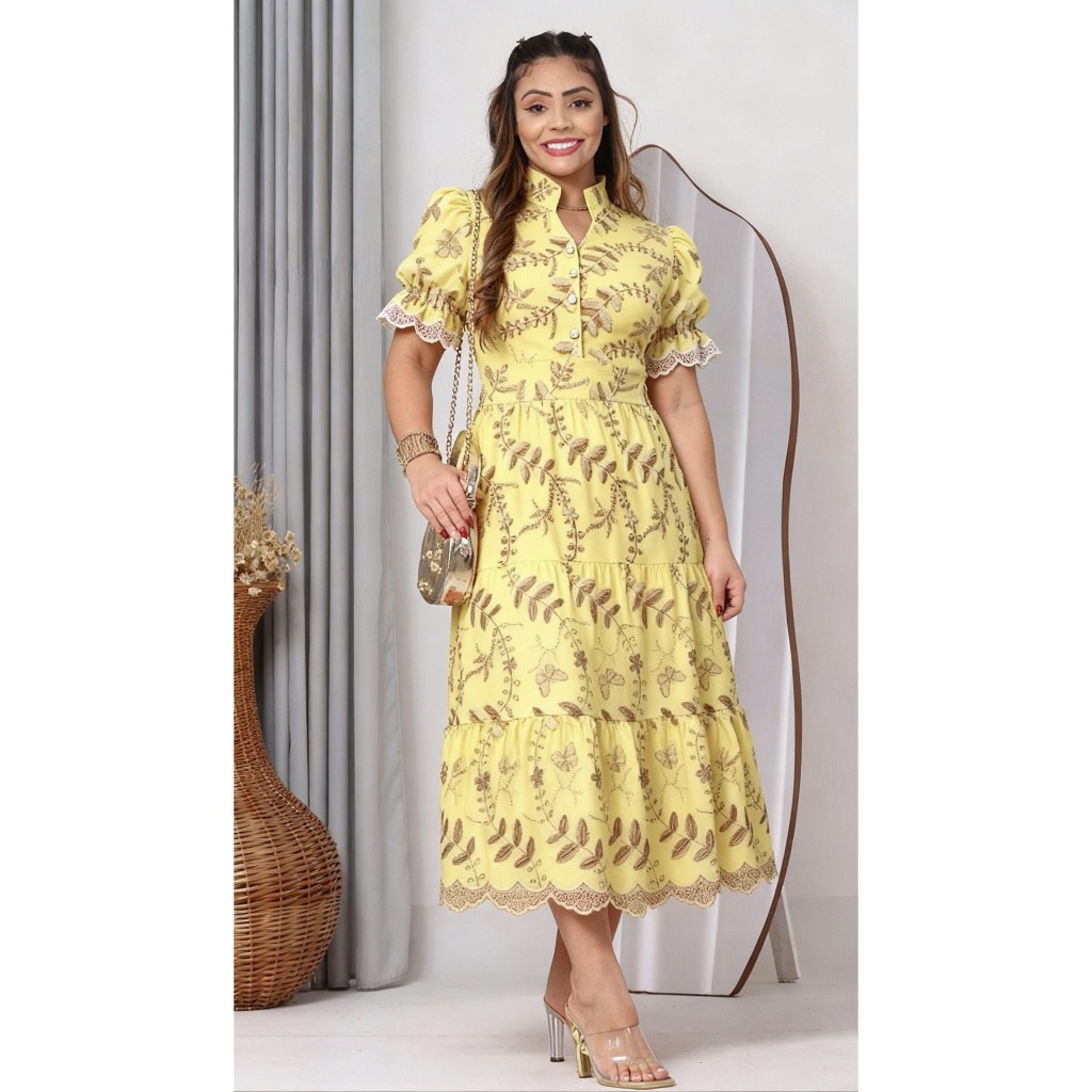 VESTIDO FEMININO MIDI PREMIUM LAISE  BORDADO COM FORRO GOLA BOTÃO E LASTEX em Oferta na Shopee