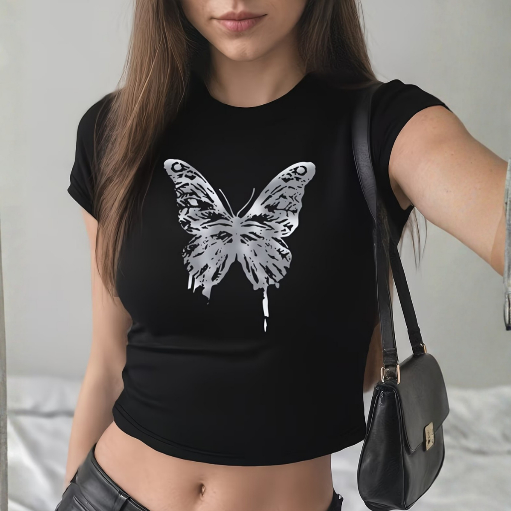 Cropped Baby Tee Borboleta Aesthetic Streetwear Casual Top Gringa Verão Retro