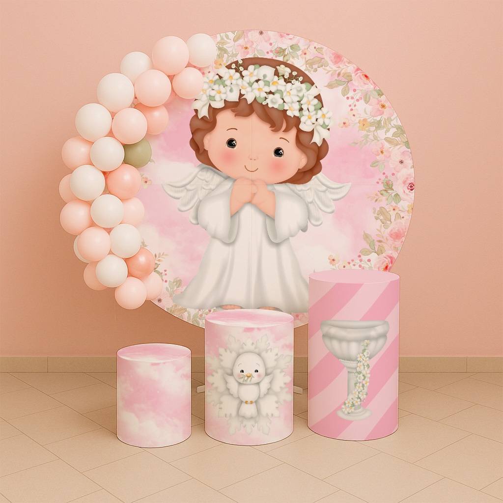 Kit Capas Painel Redondo + Cilindros Decoração Batizado Anjo Menina REF 225 em Oferta na Shopee