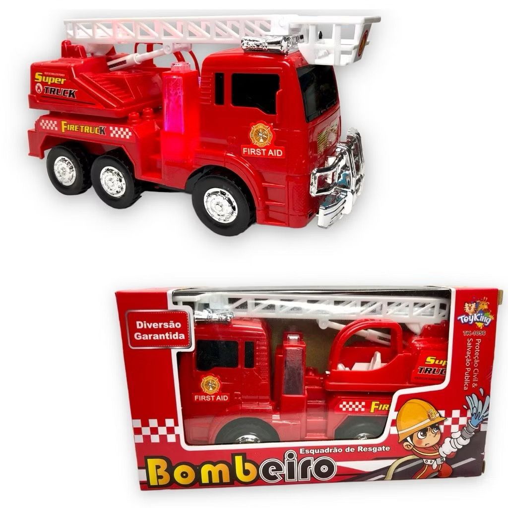 Caminhão de Bombeiro Infantil Com Luz 4D Som Sirene Bate e Volta Rotação 360° À Pilha Brinquedo em Oferta na Shopee