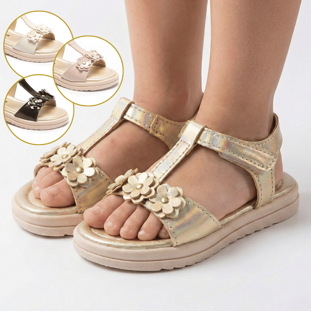 Sandália Infantil Menina Verão Dourada Florzinhas Delicada e Confortável em Oferta na Shopee