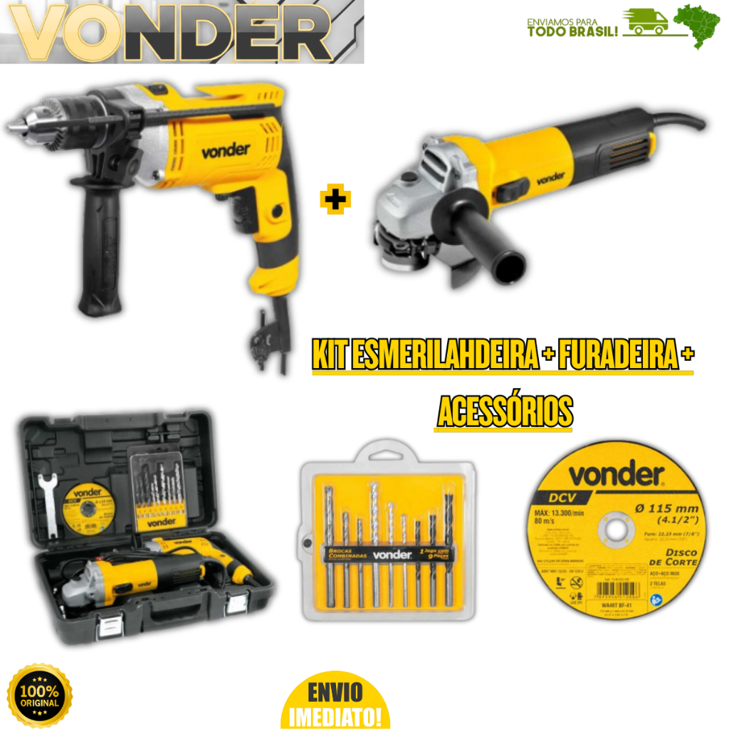 Esmerilhadeira 4.1/2'' 750W + Furadeira 1/2'' 710W +Jogo de Brocas Disco Oferta Premium Profissional