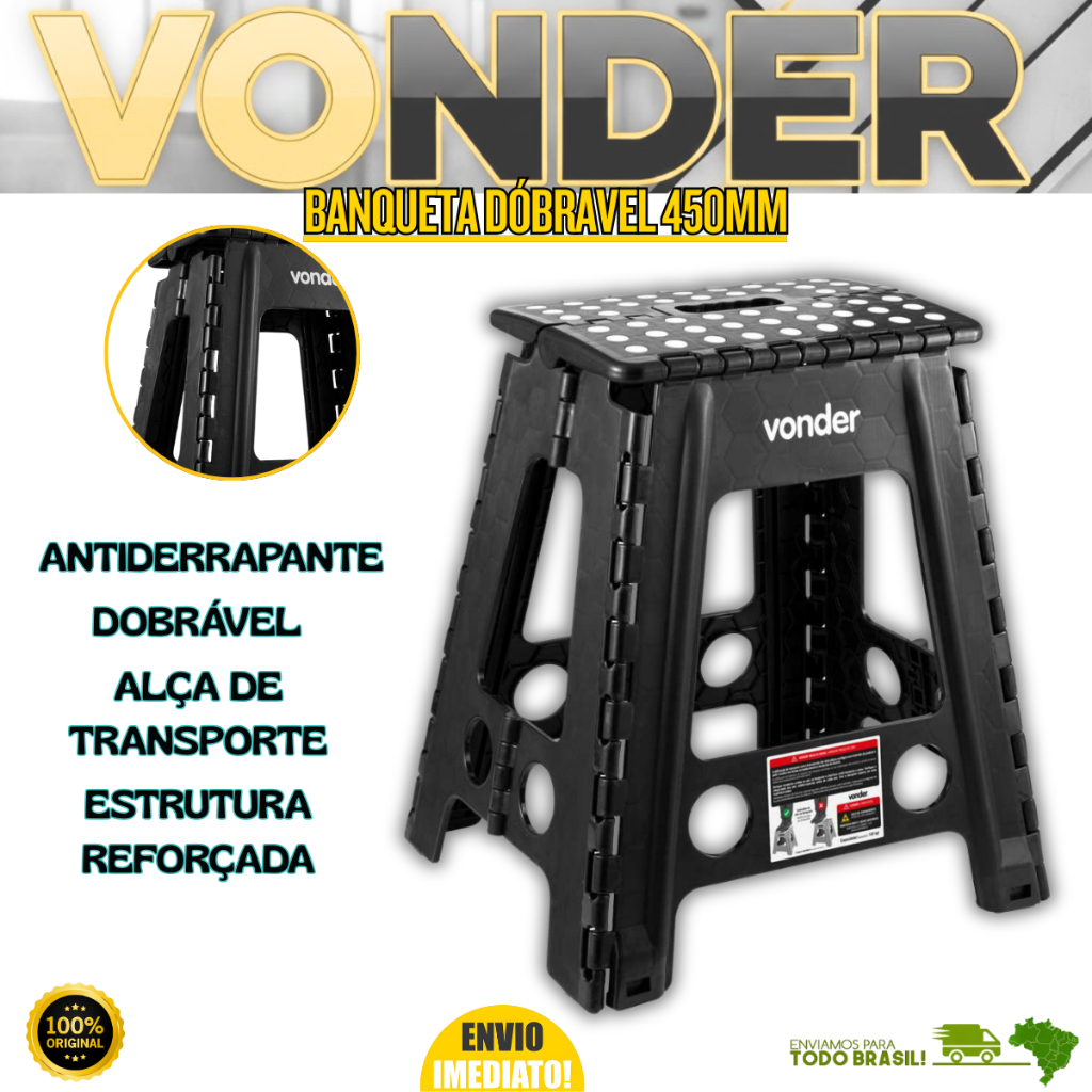 Banqueta Plástica Dobrável 450mm Com Alça de Transporte Antiderrapante Preta Vonder Oferta Premium