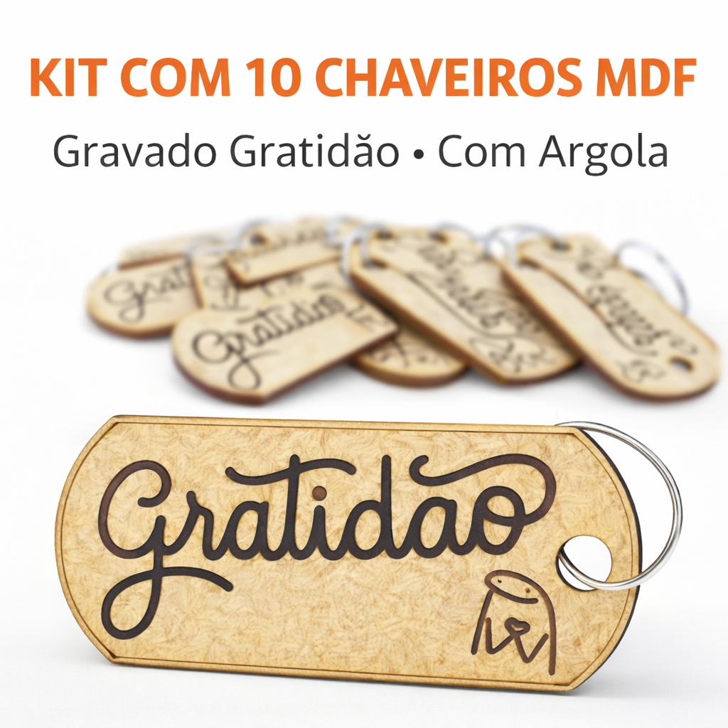 Kit 10 Chaveiros MDF Gratidão Com Argola Tag Lembrancinha Brinde Festa Evento Loja Igreja Atacado