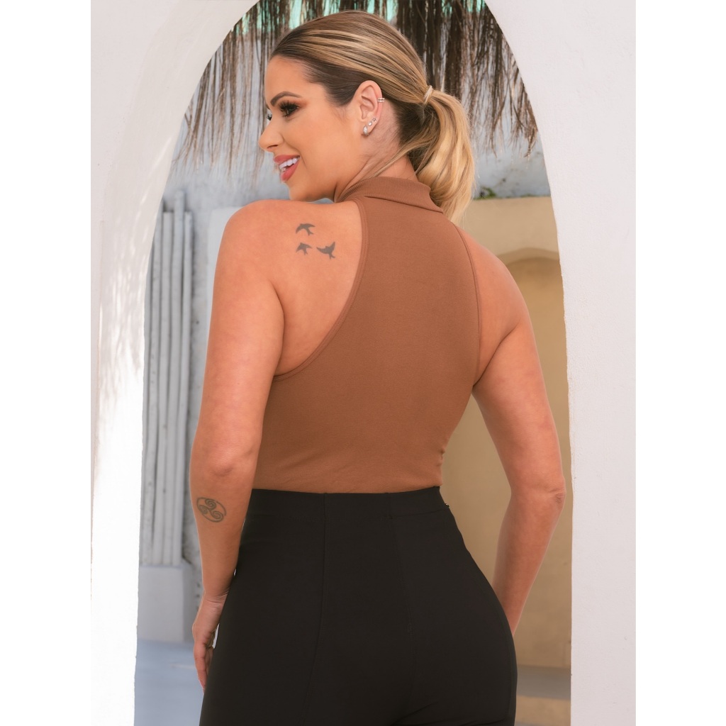 Detalhes do Body Feminino Sem Manga Gola Alta com Zíper Frontal Alta Elasticidade