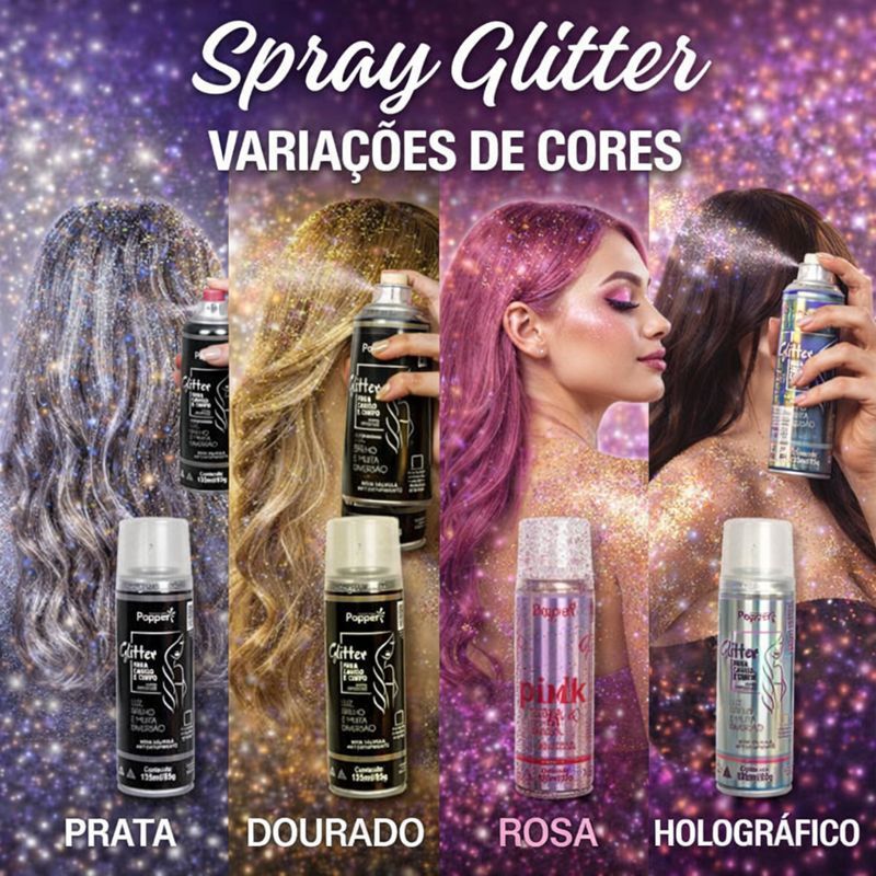 Spray Glitter Popper Cabelo e Corpo Brilho Intenso Carnaval Festa Holográfico Prata Dourado Rosa