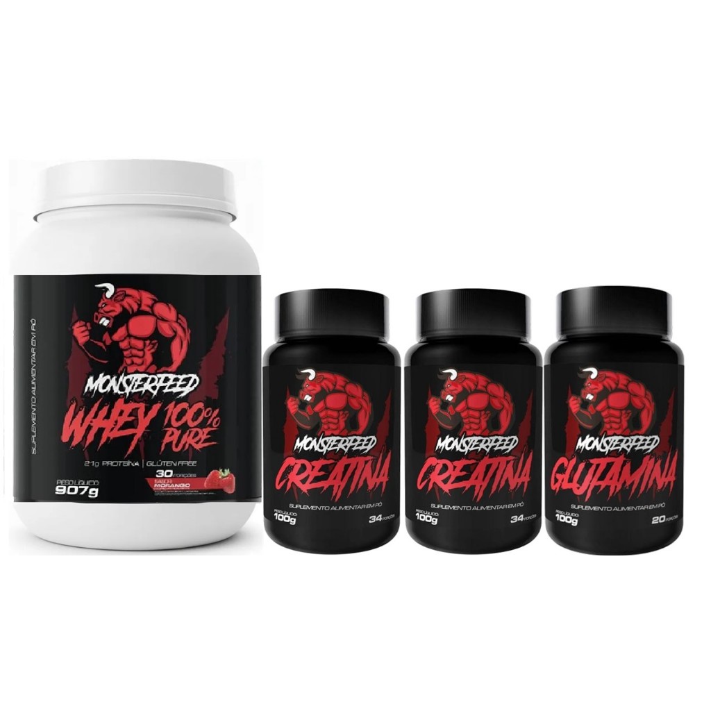 100% Whey Protein 900g + 2x Creatina Monohidratada + Glutamina Pura 100g