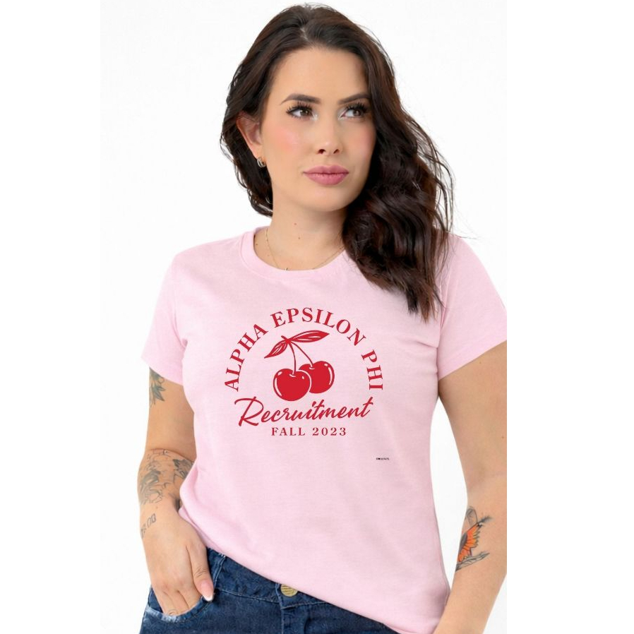 Camiseta Baby Look Cereja Alpha Epsilon Phi | College Girl Trend | Algodão.