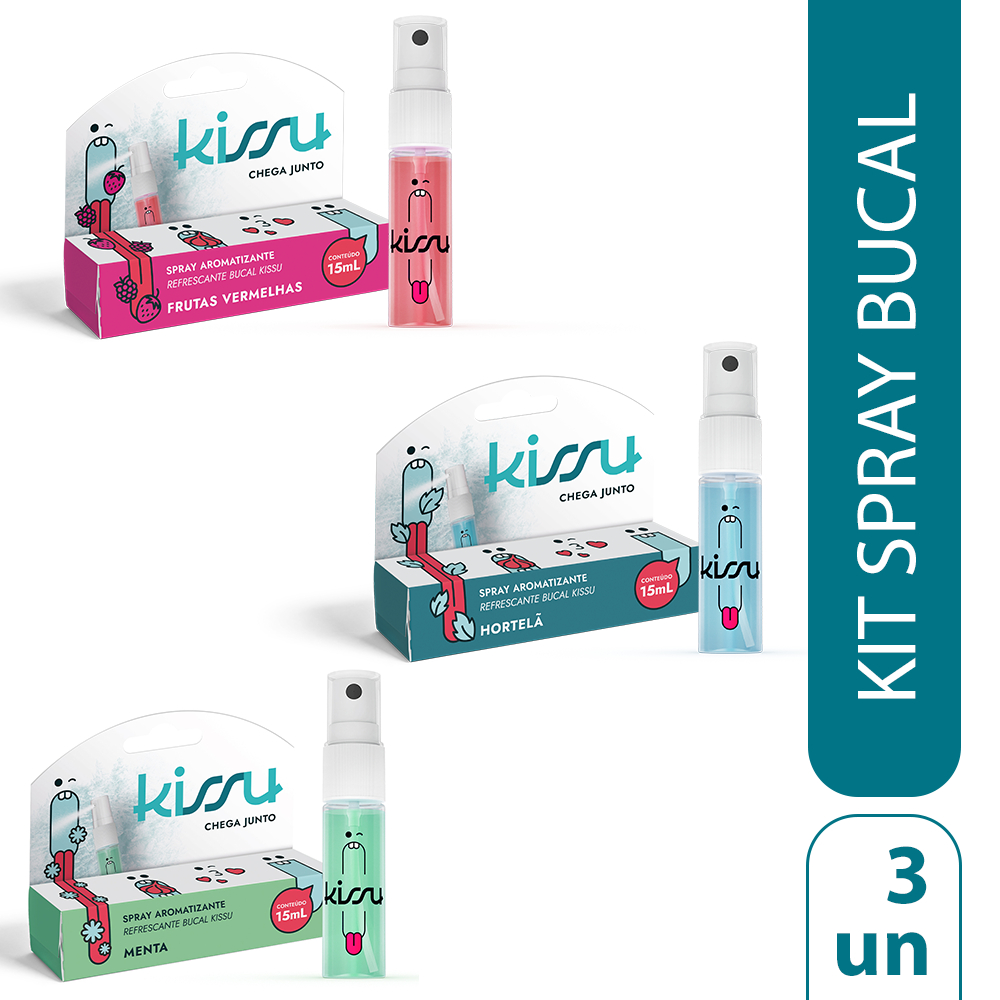 Kissu Spray Bucal 15ml - Kit com 3 (Frutas Vermelhas + Hortelã + Menta) em Oferta na Shopee