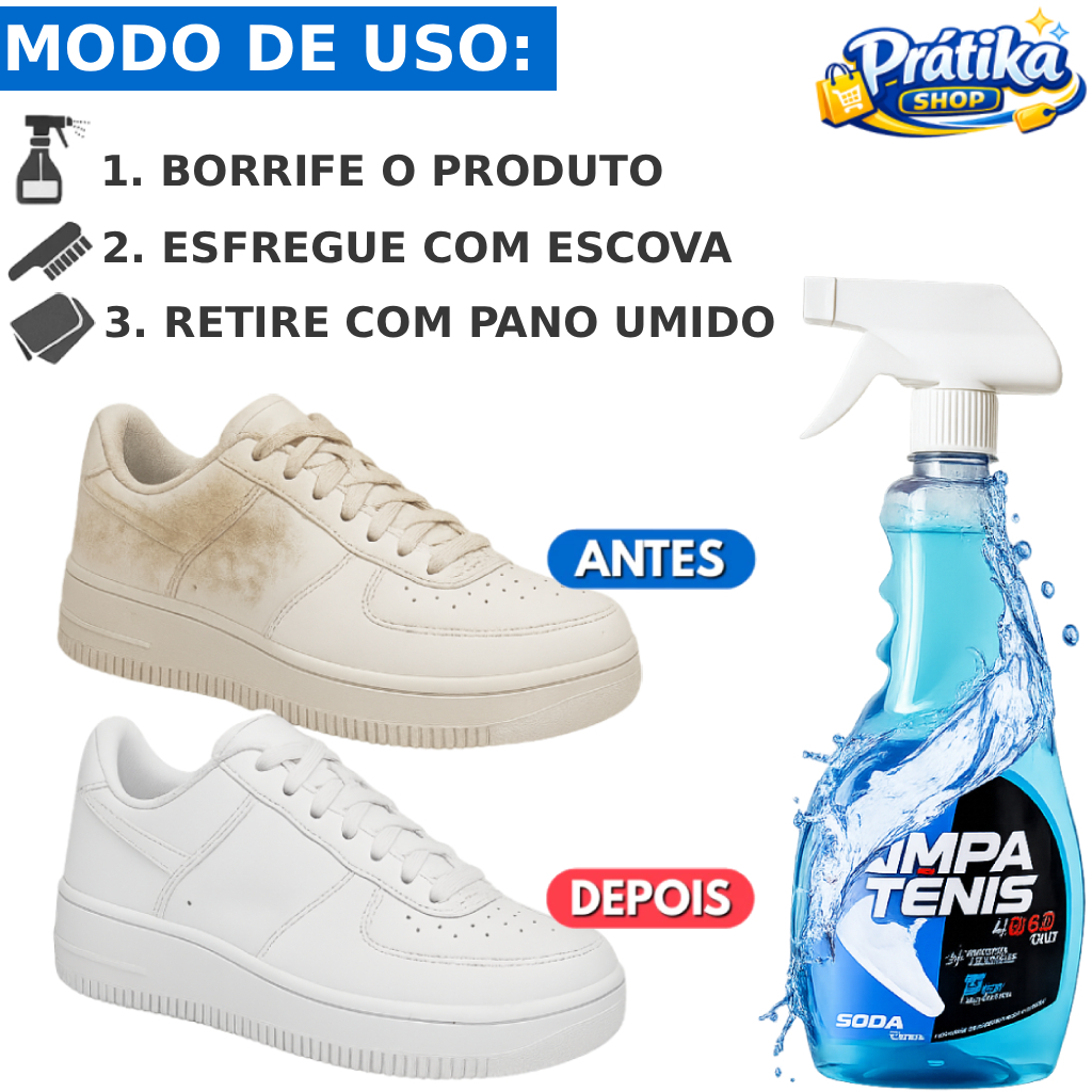 Limpa Tênis Branco 500ml Remove Manchas Amarelado Odores Sapatos Tênis Couro Tecido Borracha Rápida