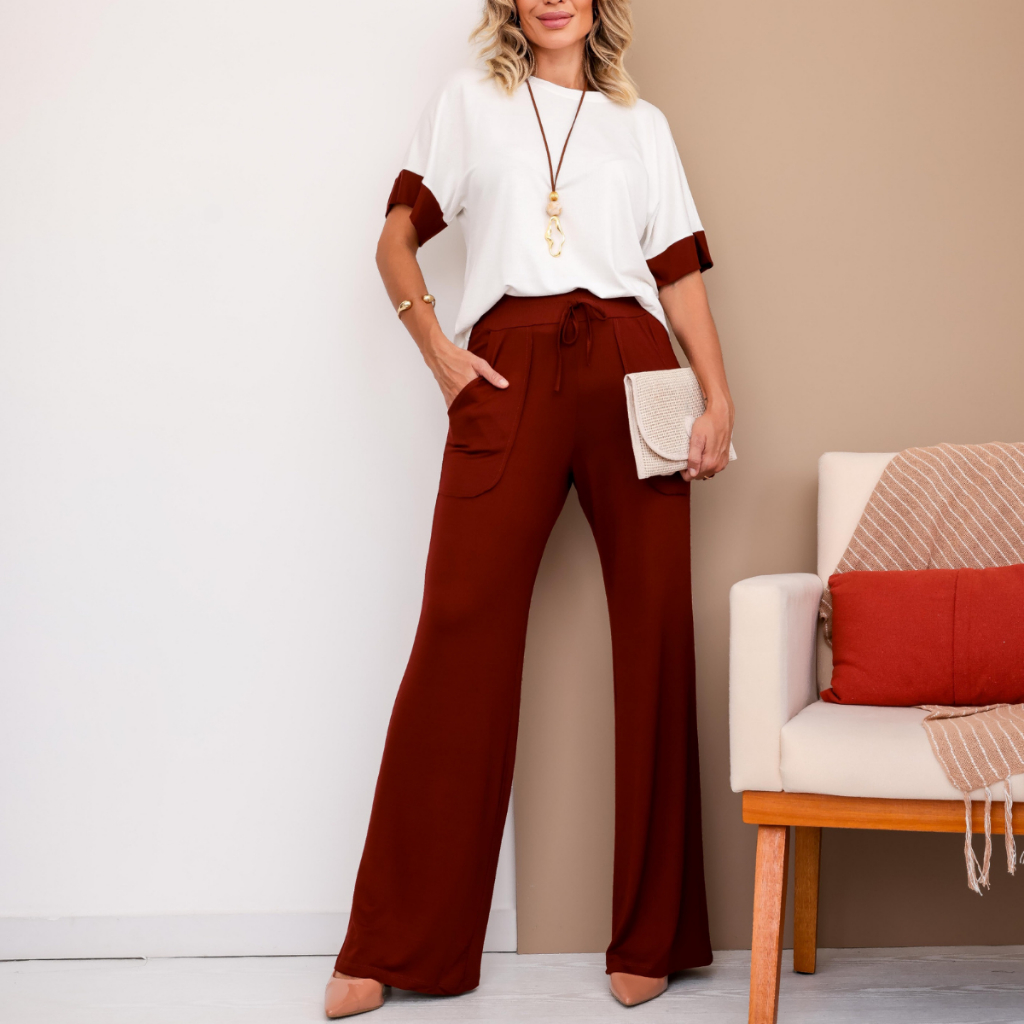 Conjunto Moletinho Mel Vicenza Feminino Calça E Blusa Confortável Casual Moderno Para o Dia a Dia