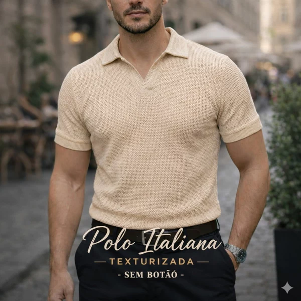 Polo Italiana texturizada sem botão, manga slim Camisa Polo Luxo Old Money Retrô