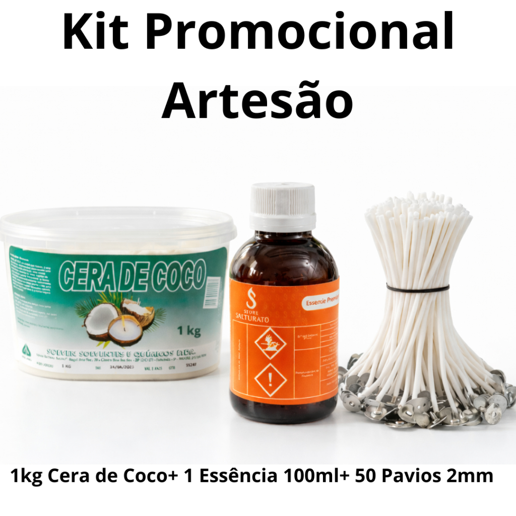 Kit para Fazer Velas Aromáticas – Cera de Coco 1kg + Essência Premium + 50 Pavios 2mm