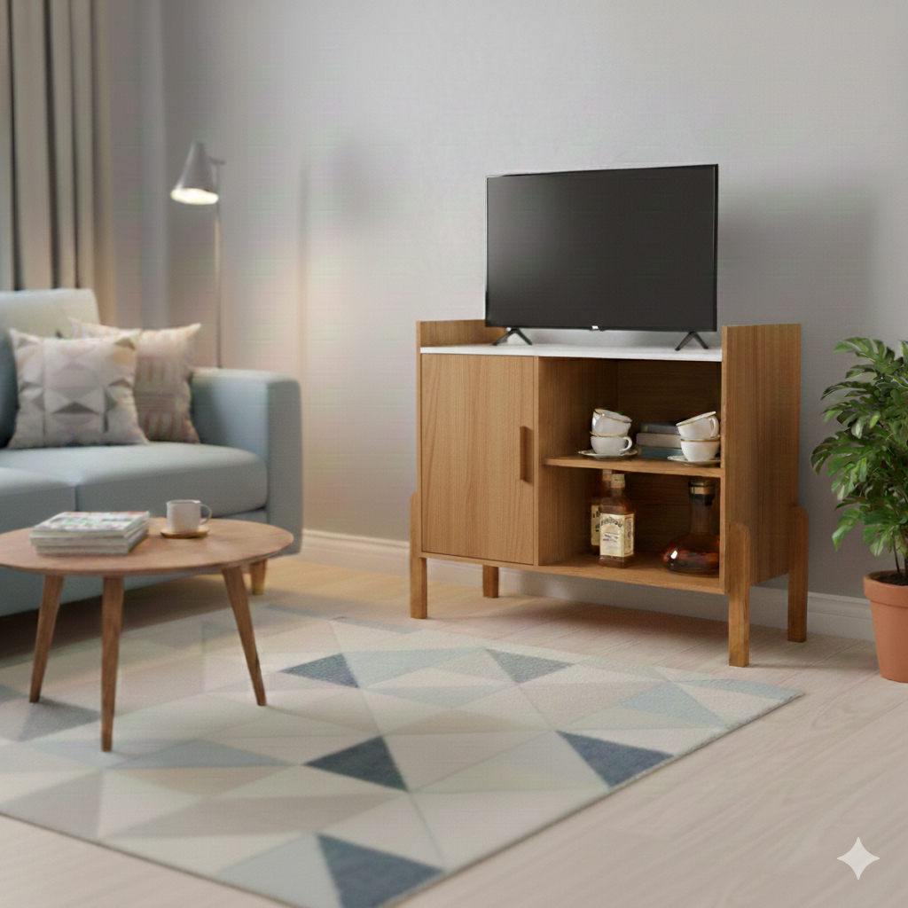 Bancada para TV Sala Compacto 1 porta Prateleira 32 polegadas Pe de Madeira Cedro Off White