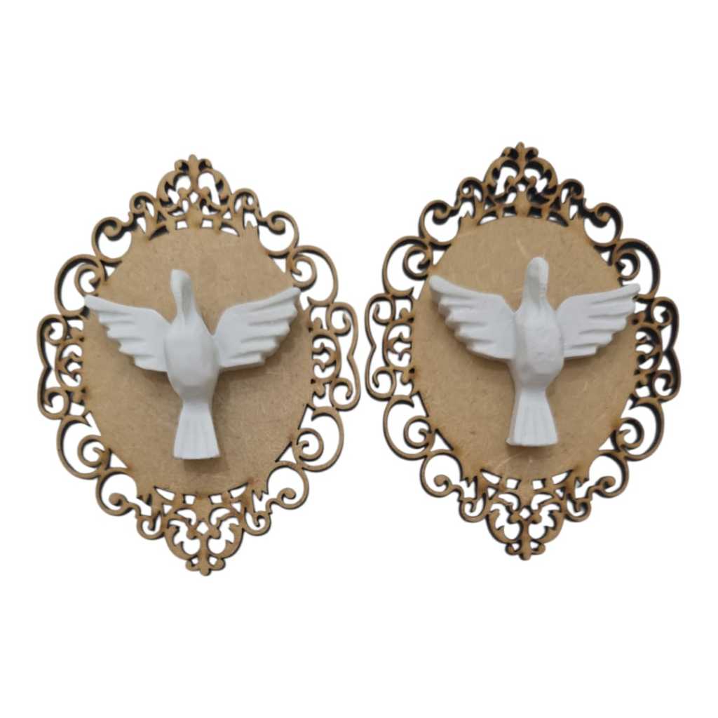Kit 2 Placa Oval arabesco+ 2 Aplique Mini Espirito Santo em Resina- Escapulário- MDF Cru