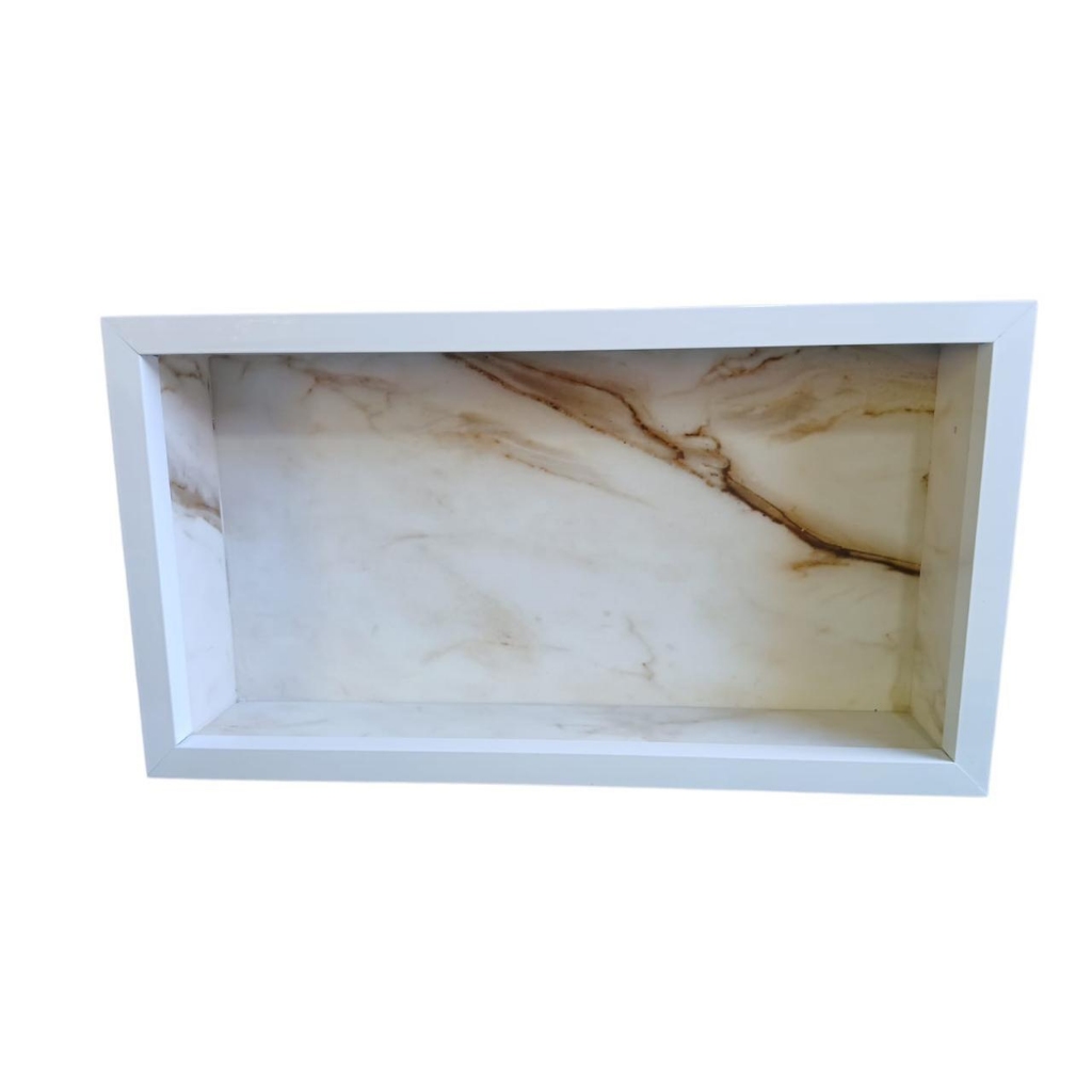 Nicho De Porcelanato 60x30 Branco Com Detalhes em Marrom Bordas de Alumínio - Decoração de Banheiro