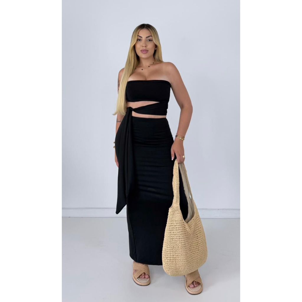 Conjunto Saia com Fenda na Perna e Top com Amarração em Oferta na Shopee