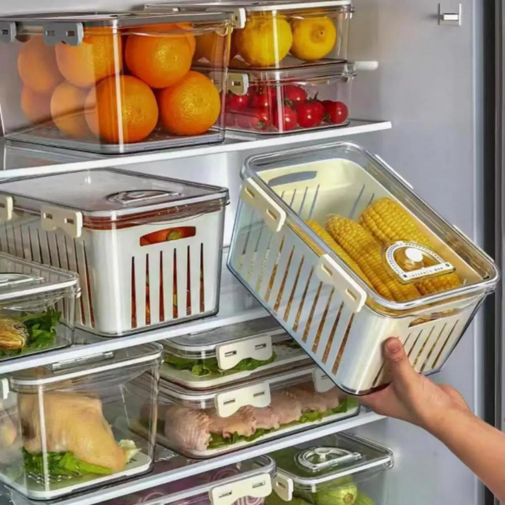 Organizador de Geladeira Cesto com tampa e Multiuso Alimento Verdura  Frutas e Vegetal livre bpa