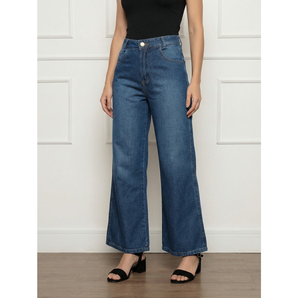 Calça Jeans Feminina Wide Leg Marmorizada Pantalona Boca Larga Cintura Alta Sem Lycra Confortável
