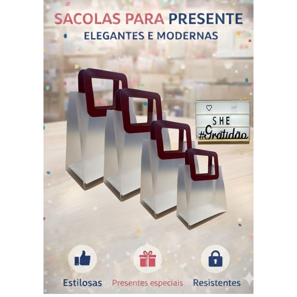 *Kit 12 unidades de sacolas transparente Fosca PVC, com Alça  para presentes de Couro Quadrada*