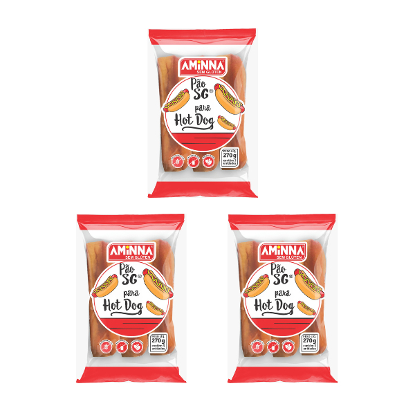 KIT COM 3 UNIDADES DE PÃO PARA CACHORRO QUENTE, SEM GLUTEN, SEM LEITE 270g CADA PACOTE - AMINNA