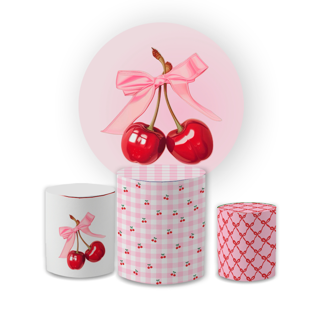 Kit Painel com Capa + Trio Cilindros Tema Cerejinha Festa Infantil Decoração Doce Charmosa Delicado