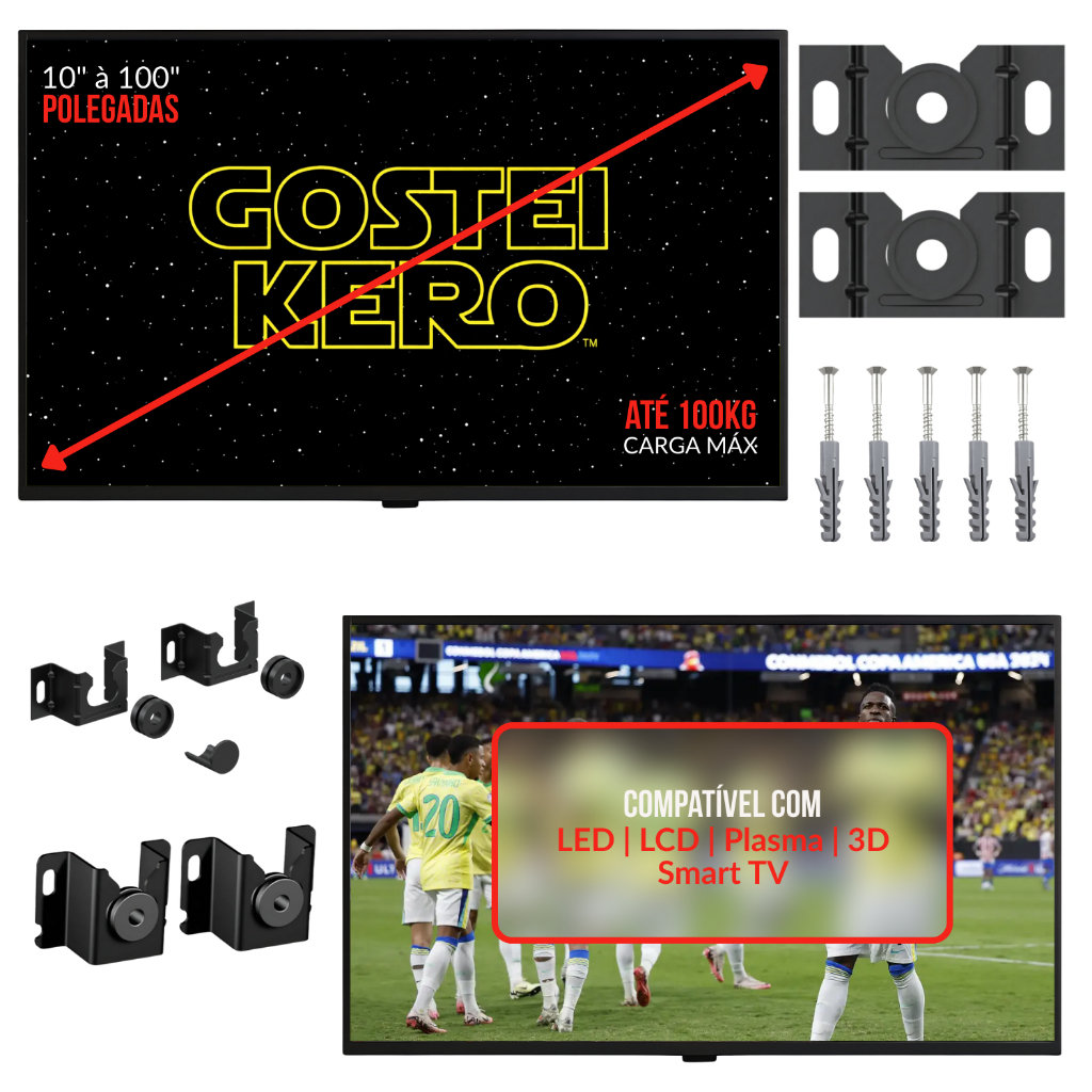 Suporte TV Universal 10 a 100 Polegadas Brasforma SBRU750 Reforçado Ultra Slim Fixo + Kit Instalação