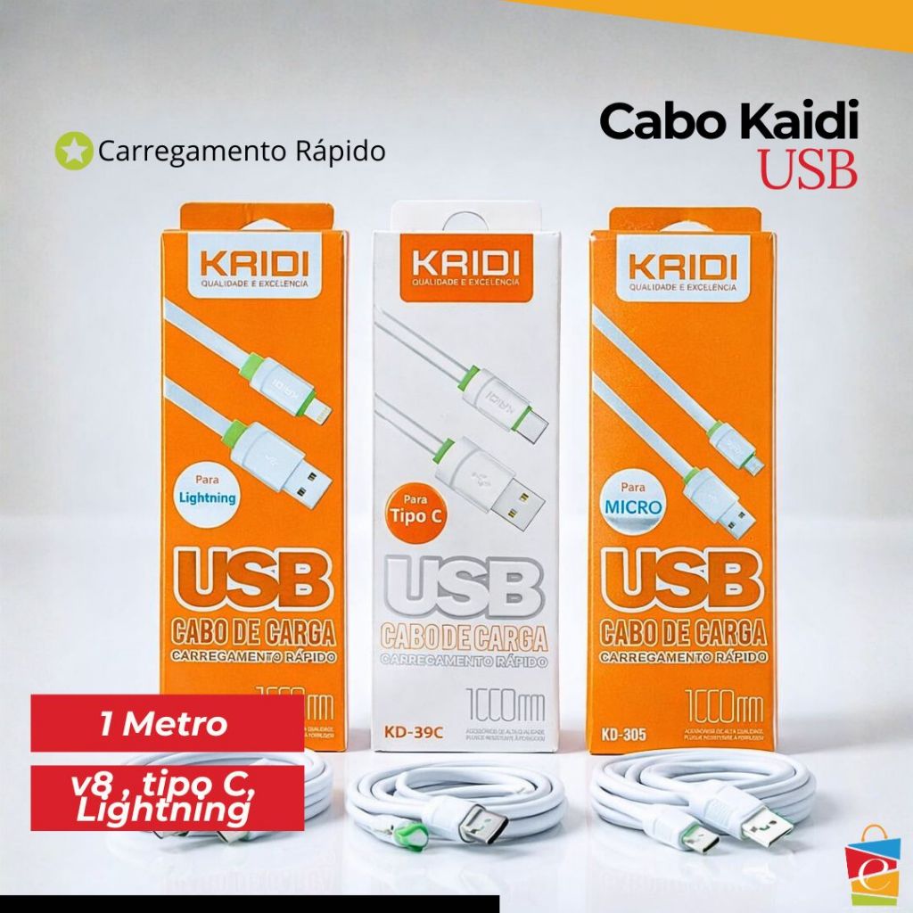 Cabo USB Tipo V8 Tipo C Kaidi Carregamento E Dados Tipo V8 Tipo C E Lightning