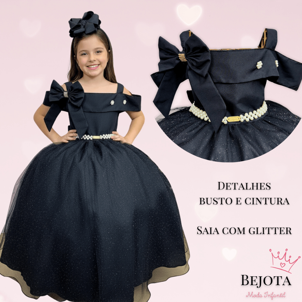 Vestido Menina Longo Preto Festa Formatura Infantil Daminha Ombro Ciganinha Glitter