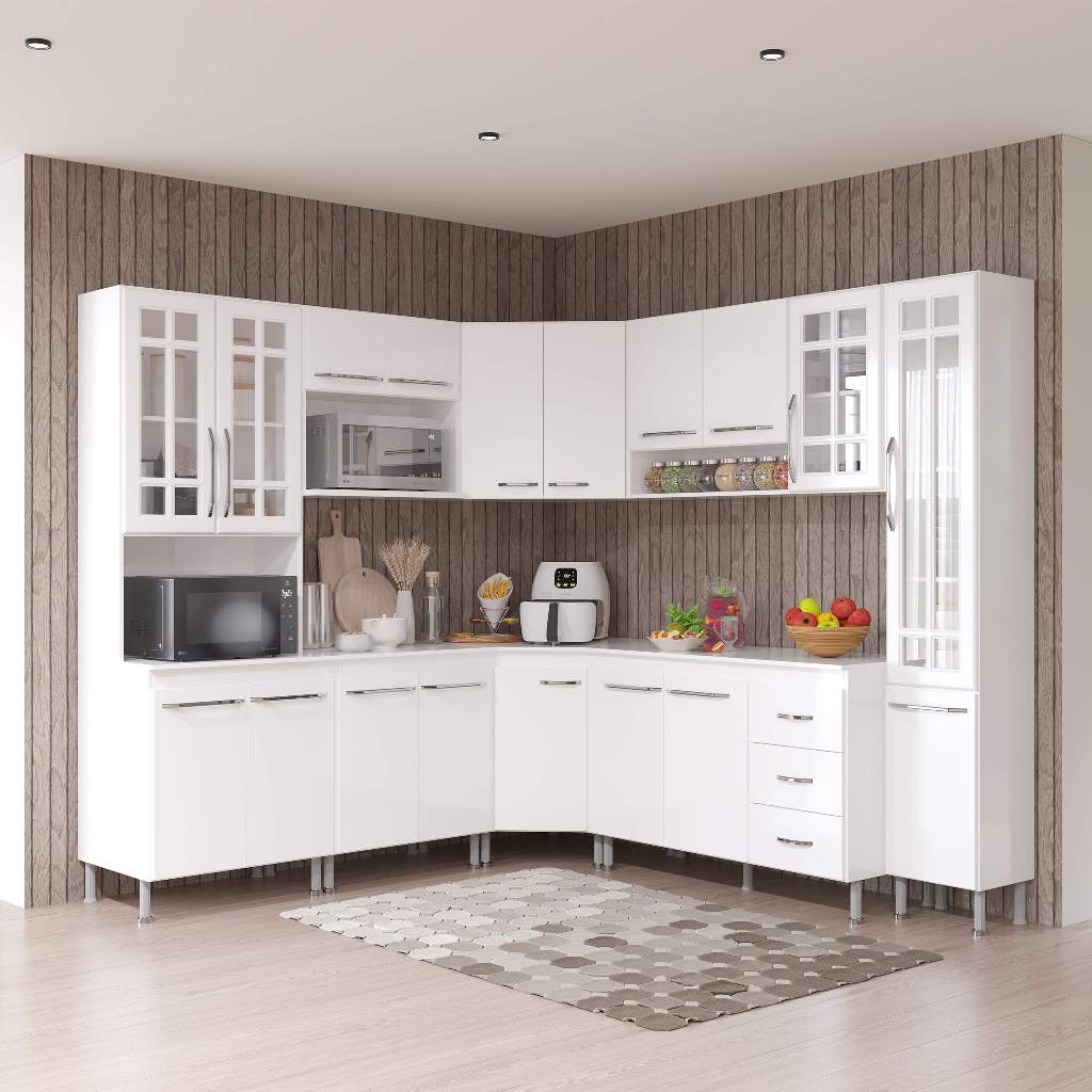Armário de Cozinha Modulada Completa Fidelitá Viena 8 Peças 445cm 18 Portas 3 Gavetas Com Tampo Branco em Oferta na Shopee