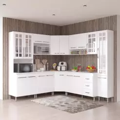 Armário de Cozinha Modulada Completa Fidelitá Viena 8 Peças 445cm 18 Portas 3 Gavetas Com Tampo Branco