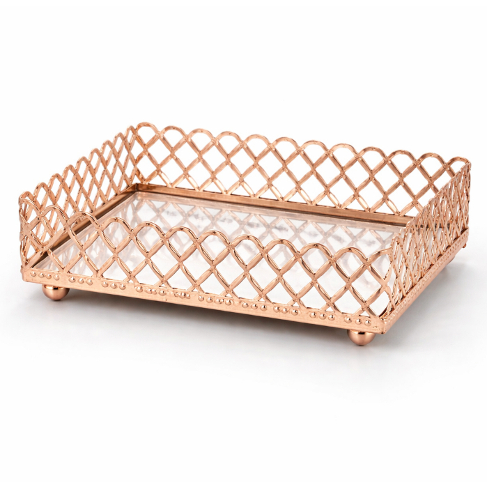 Bandeja de Lavabo Rose Gold Espelhada 12x12cm | Bandeja Decorativa Metal Luxo Banheiro