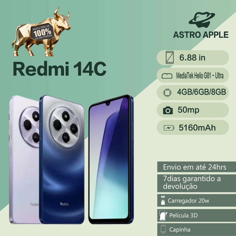 Smartphone Celular Xiaomi Redmi 14c 256gb  8gb RAM 128gb 4gb Dual Sim 50MP Global 14 c Lançamento