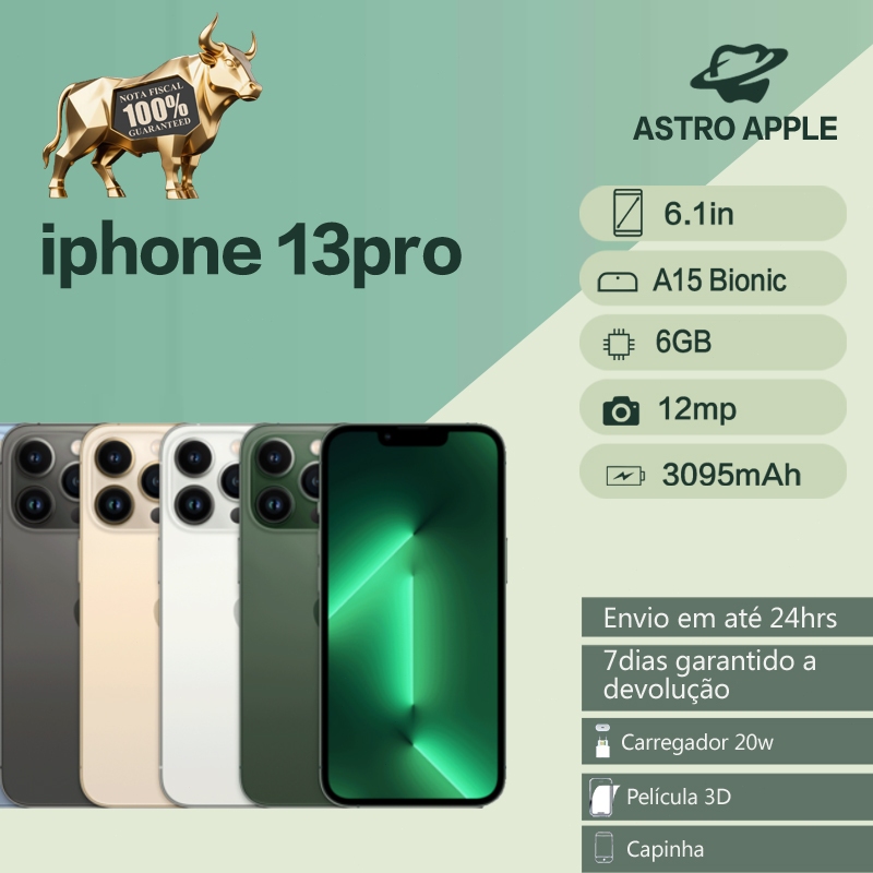 Celular iPhone 13 Pro (128GB) (256GB) 100% Original Apple Seminovo Vitrine Bateria 85% a 100% NF Carregador Película Cap