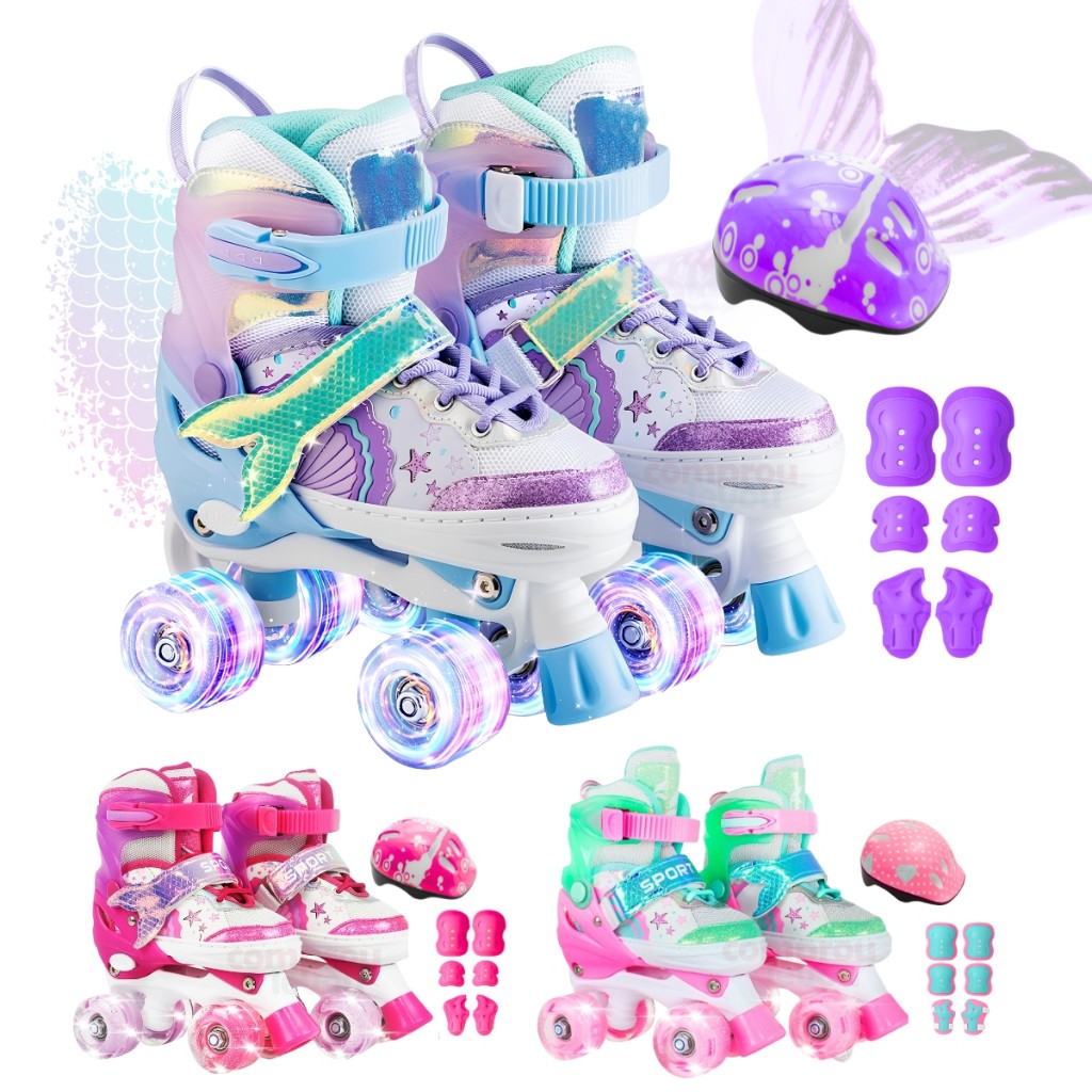 Patins Infantil Ajustável 4 Rodas Com Proteção Completo Capacete Rodinha Com LED