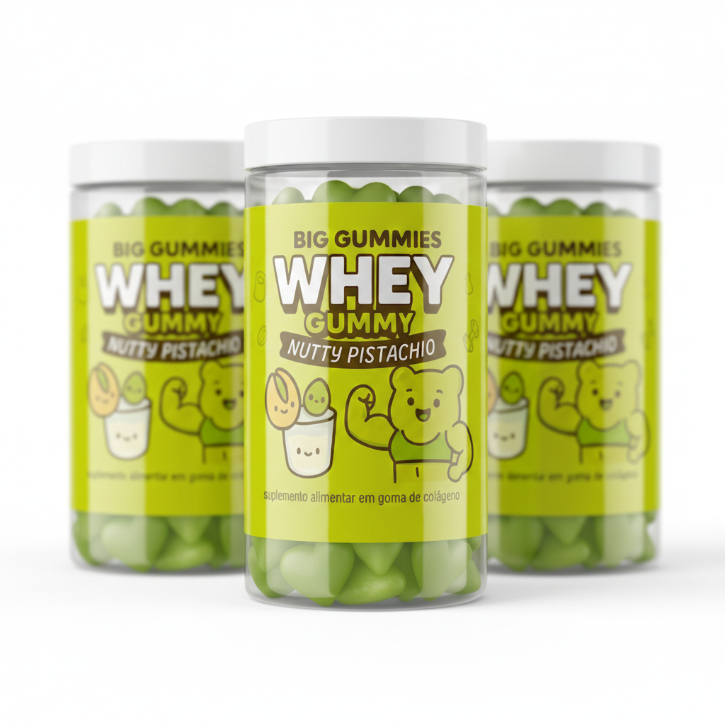 Kit 3un Whey Gummy Big Gummies Pistache 12g Proteína 4 gummies Dose Alta Perfomance Músculo