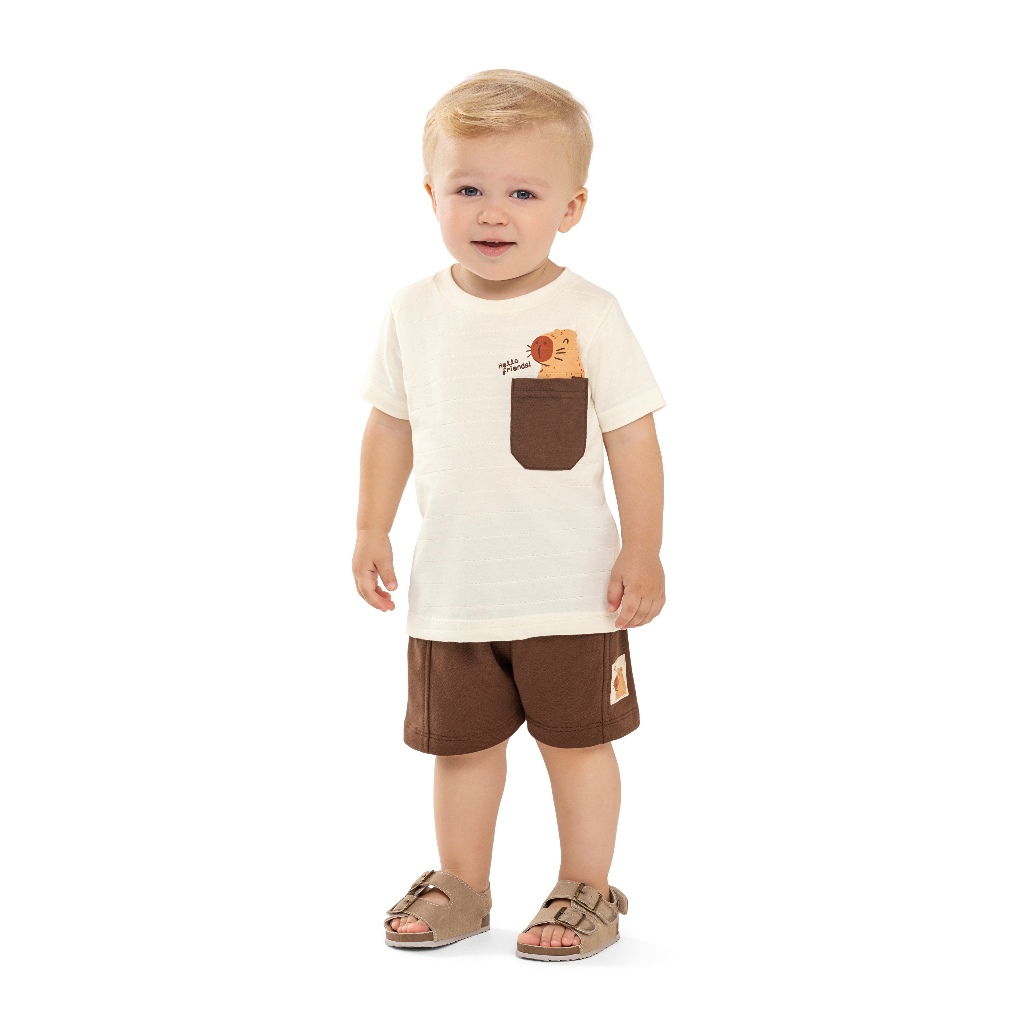 Conjunto Bebê Menino Angero Original Camiseta Capivara no Bolso e Shorts Moletinho Ref 28886