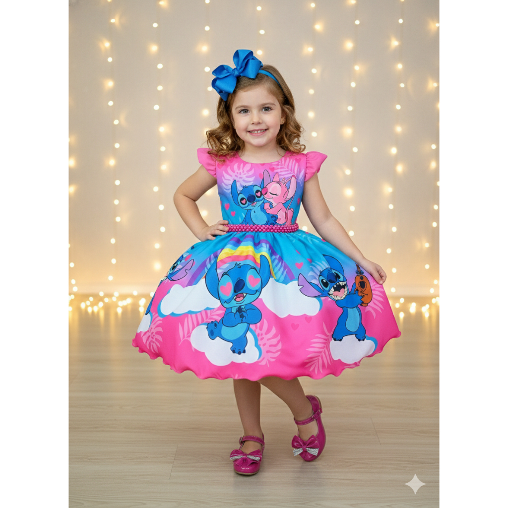 Vestido Infantil Angel Stitch Apaixonado Menina Princesa  Festas