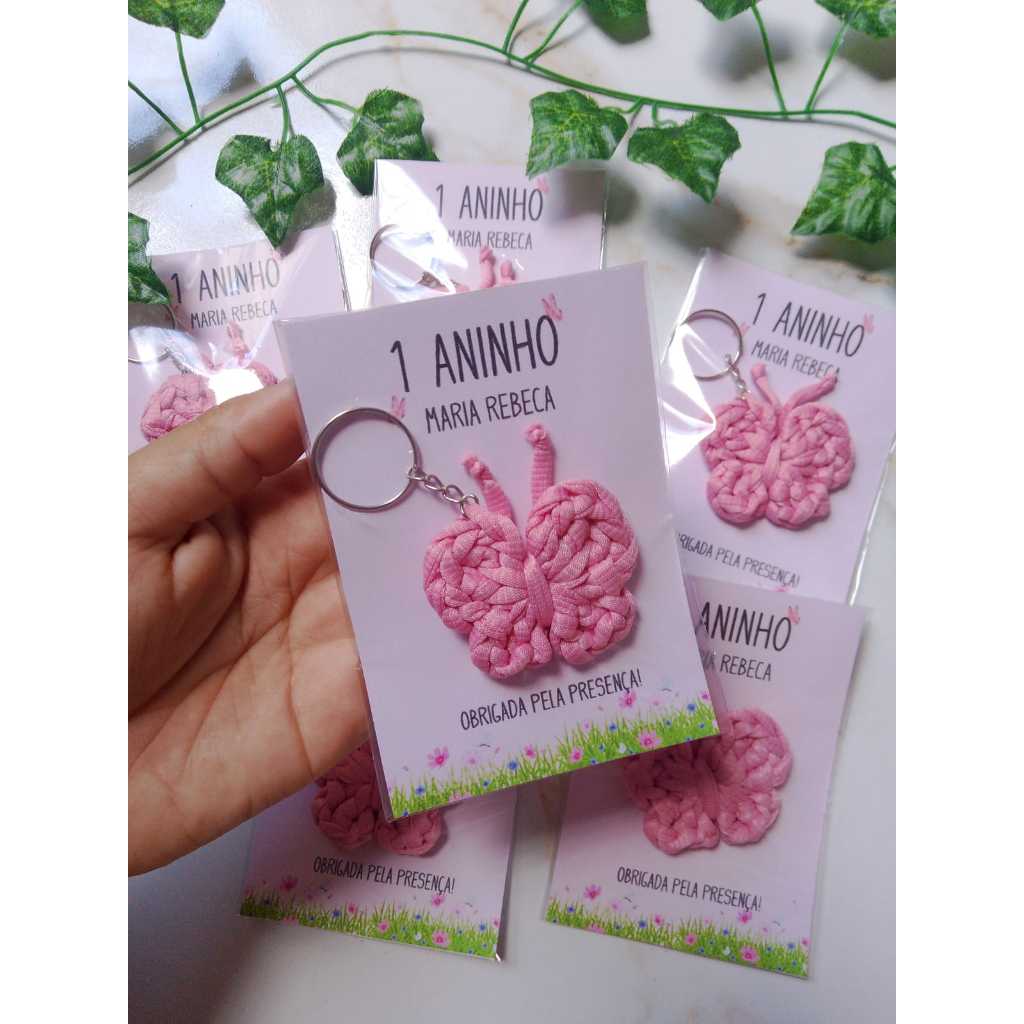 10 chaveiro borboleta em fio de malha + cartão personalizado para lembrancinha de aniversario