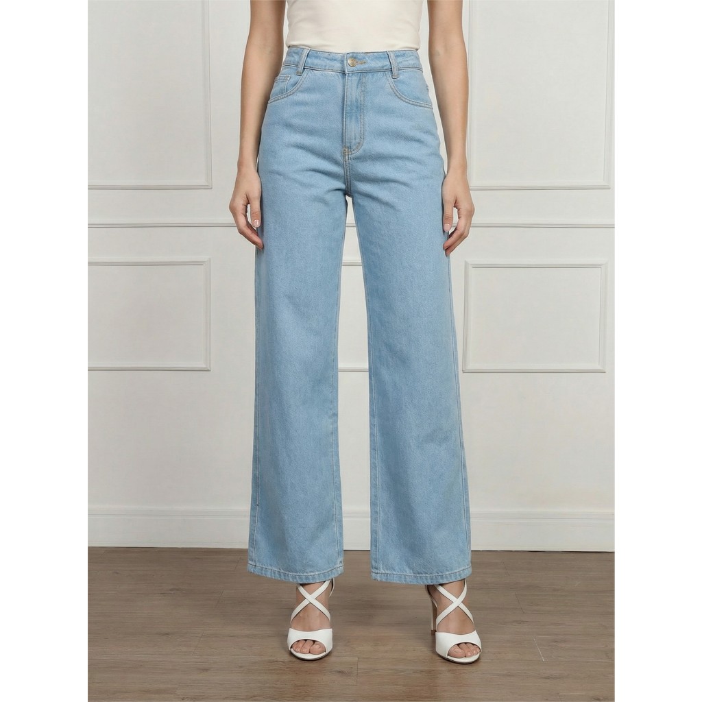 Calça Jeans Feminina Wide Leg Pantalona Cintura Alta Marmorizada Sem Lycra Boca Larga Elegante