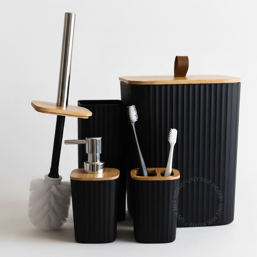 Kit Banheiro Quadrado em Bambu com Lixeira Luxo e Puxador de Couro