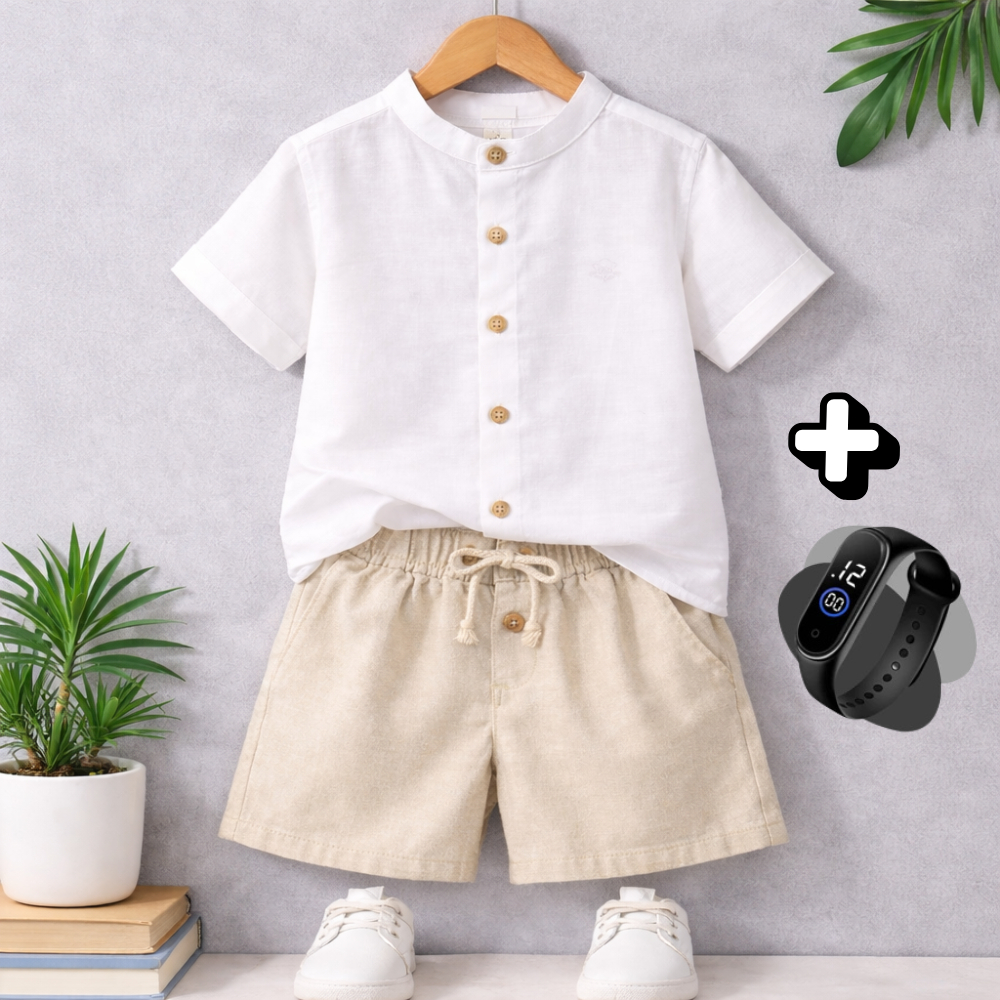 Conjunto Infantil de Verão + Brinde Linho Menino Tendência Short Mauricinho + Camisa Gola padre em Oferta na Shopee