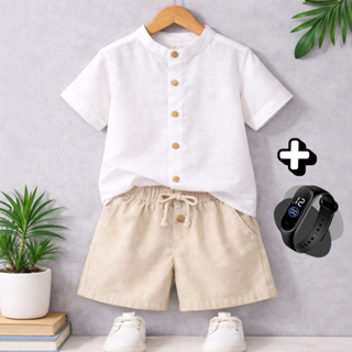 Conjunto Infantil de Verão + Brinde Linho Menino Tendência Short Mauricinho + Camisa Gola padre em Oferta na Shopee