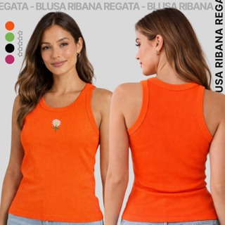 Blusa Regata Feminina Canelada Com Bordado Na frente  – Tendência Verão em Oferta na Shopee