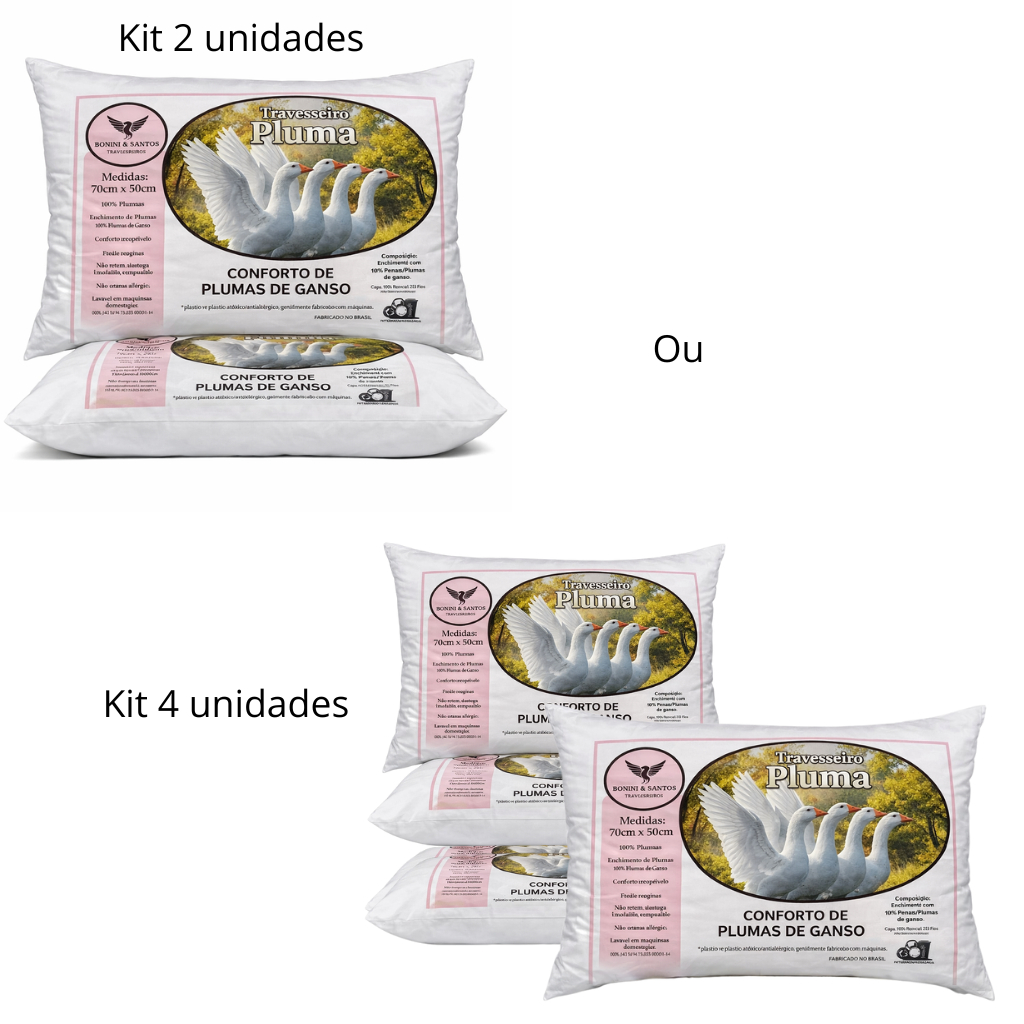 Kit Travesseiro Pluma de Ganso Confortavel Confortável e Macio Antiacaro 70x50cm Antialérgico
